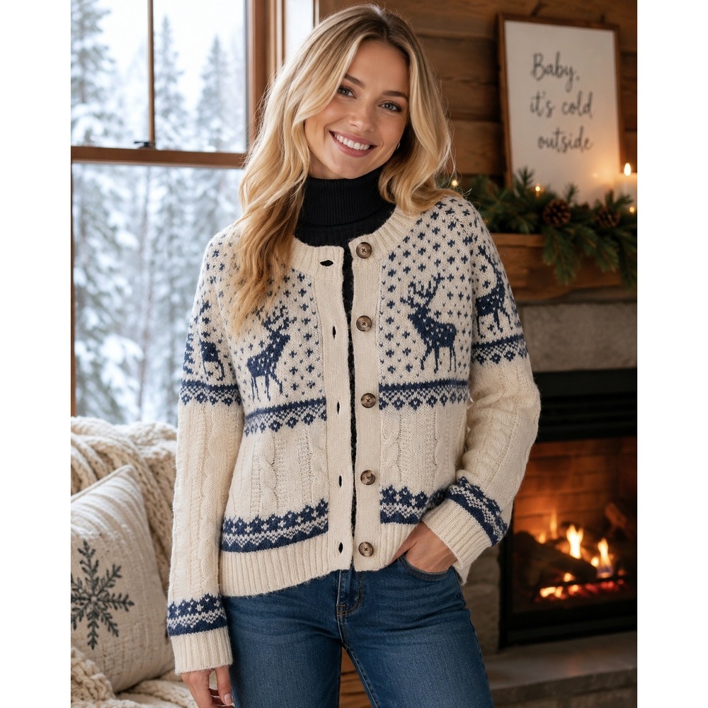 Old Navy Womens XL Reindeer Fair Isle Cardigan Sweater Fluffy Navy Cream